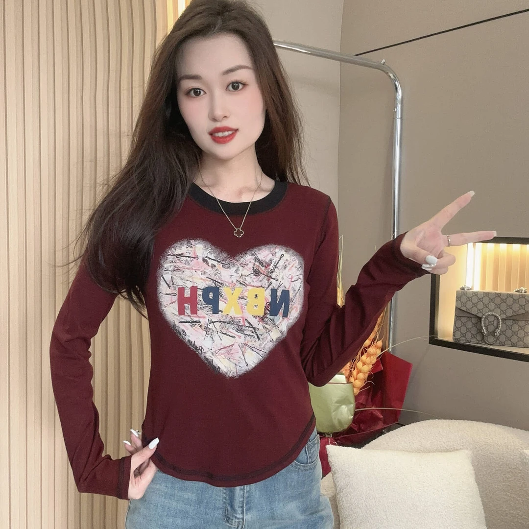 NBXPH 2024秋冬新款印花爱心长袖T恤女欧版修身显示上衣打底衫女