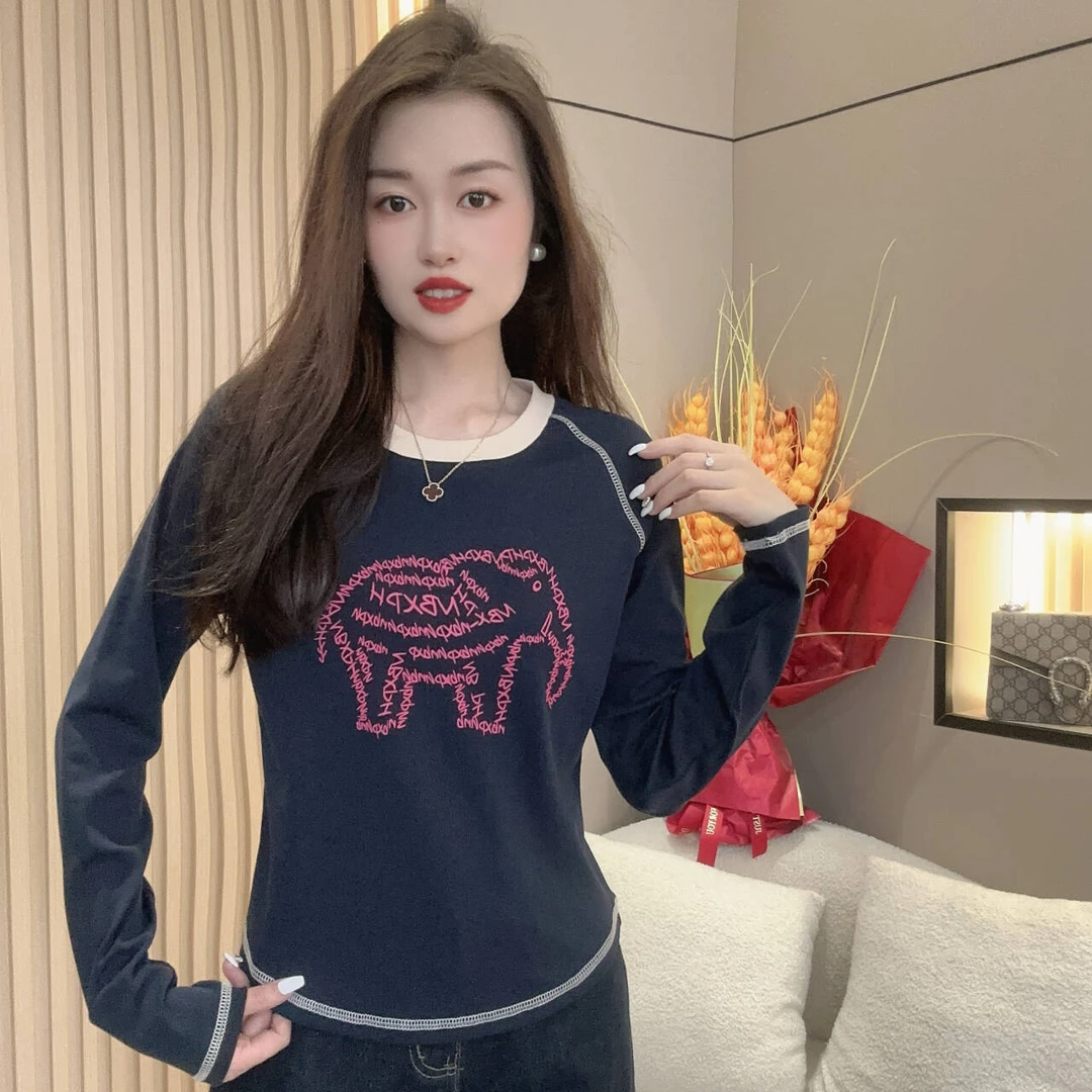 2024早秋撞色明线时尚长袖T恤女设计感圆领修身打底衫百搭上衣潮