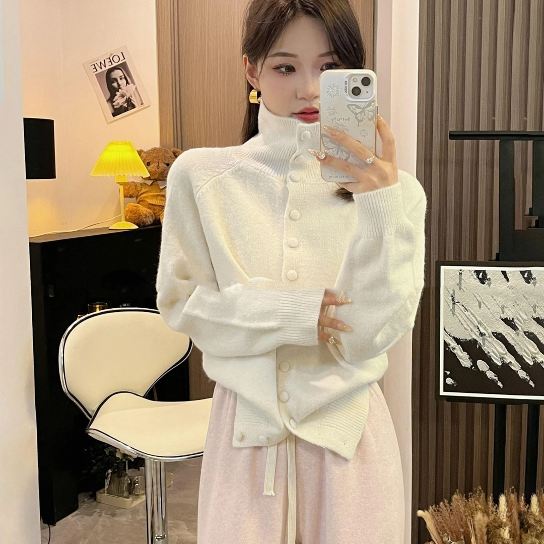 【甜甜】高领针织开衫女2024秋冬季复古慵懒风高级感宽松毛衣