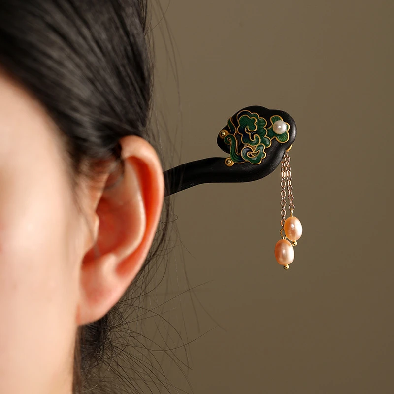 双面设计黑檀木发簪古风新中式日常盘发簪气质旗袍配饰国风头饰簪