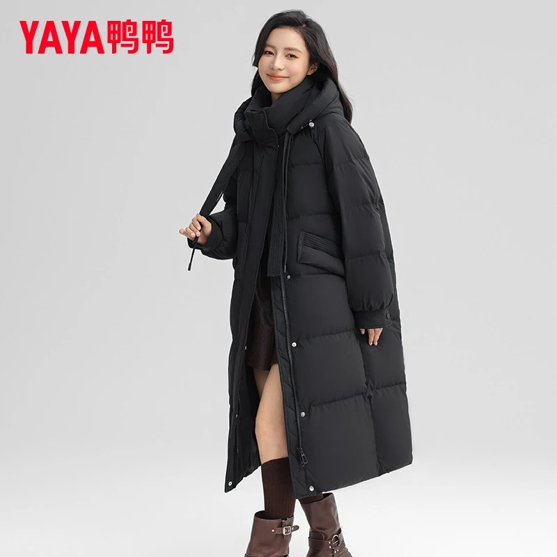 鸭鸭羽绒服女士2024年冬季新品过膝中长款连帽加厚保暖鸭绒外套A