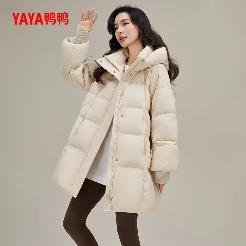 鸭鸭中长款羽绒服女咖色简约休闲韩版加厚保暖气质连帽外套秋冬
