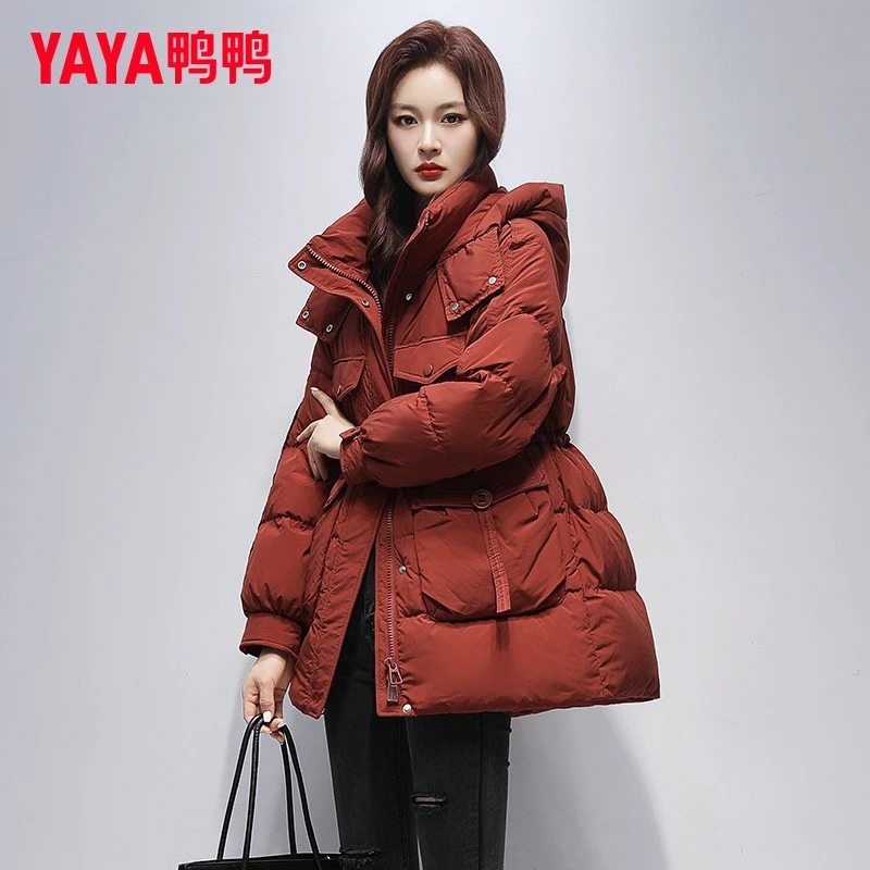 鸭鸭正品中长款羽绒服冬季女2024新款流行安可拉红收腰显瘦外套女