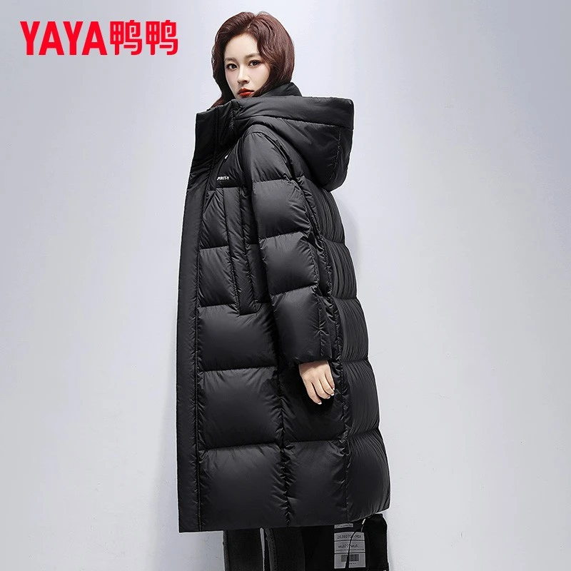 鸭鸭连帽加厚羽绒服女中长款2024年冬新款时尚90鸭绒保暖外套M