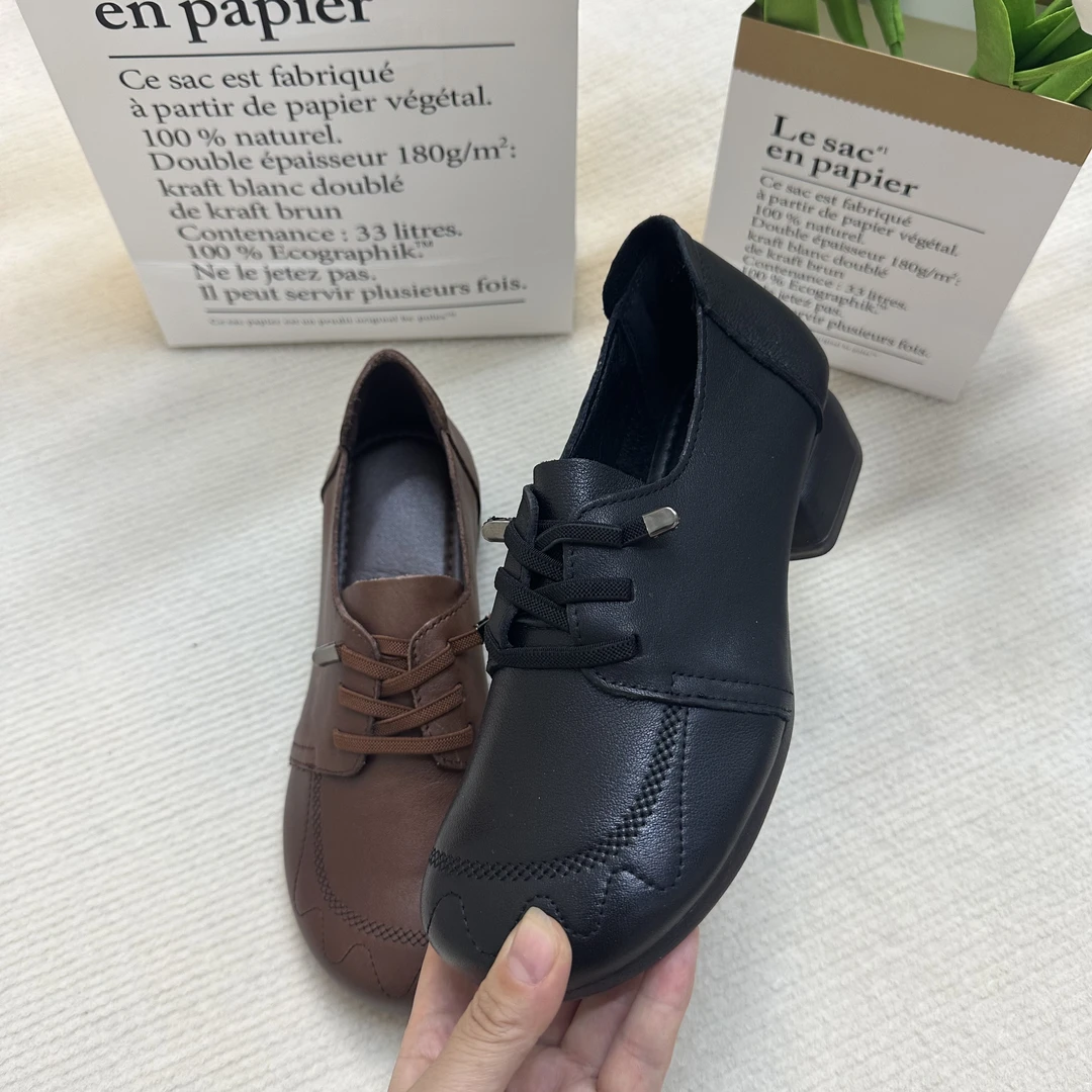 秋季头层牛皮3公分圆头小跟鞋超舒服柔软软底软面百搭女士