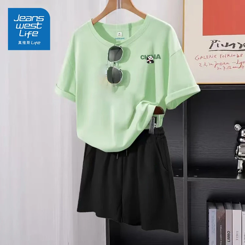 JEANSWEST LIFE宽松T恤套装绿色带印花短袖华夫格运动三分裤套装