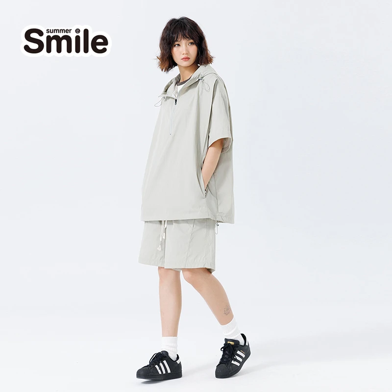 summer smile半截领短袖短裤两件套男夏季宽松女情侣帅气休闲套装