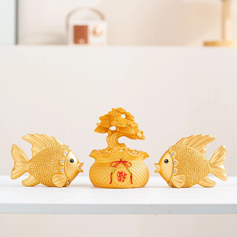 轻奢创意年年有余小金鱼发财树摆件室内电视柜酒柜隔断柜装饰摆件
