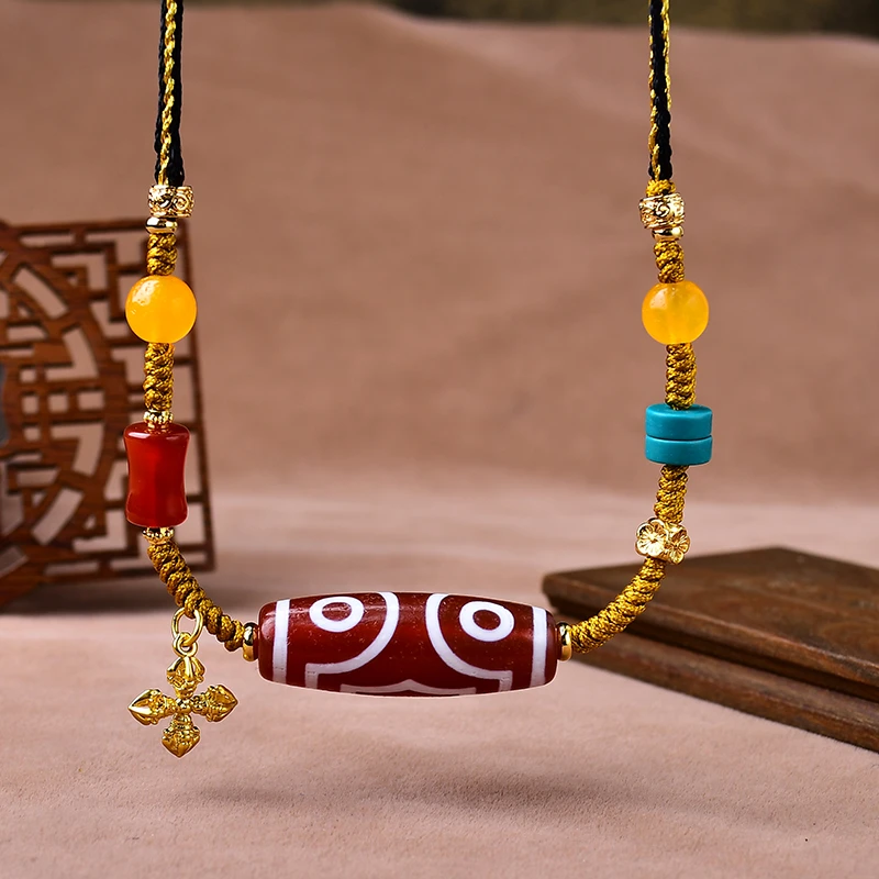 品煌红肉三眼蚀花玛瑙锁骨链编织男女同款时尚百搭吊坠38x12mm