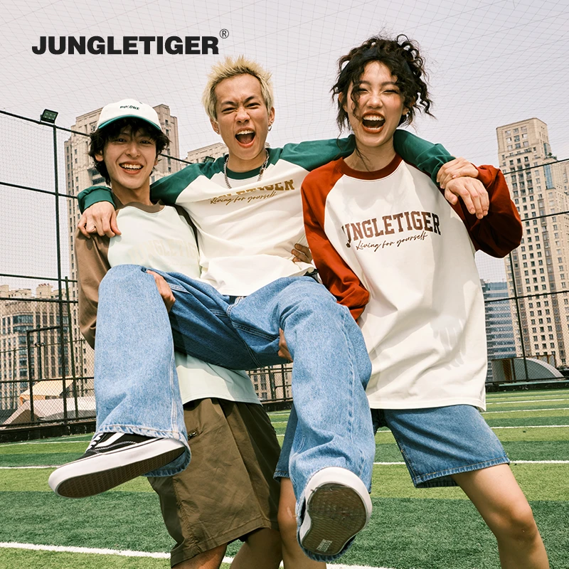 丛林老虎日系复古字母插肩长袖男潮牌情侣宽松纯棉撞色基础款T恤