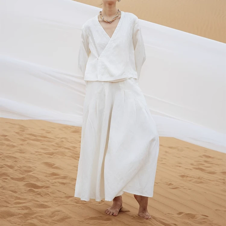 绽放旅行女装447朵【黑白灰系列】压褶设计阔腿裤长纺亚麻棉裙裤