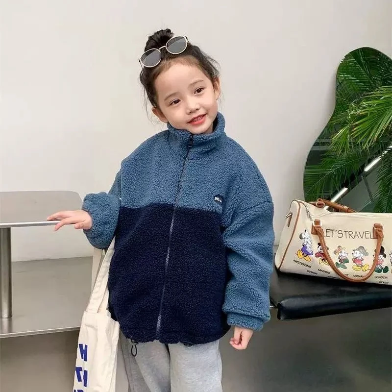 N7008韩版秋冬通用萌娃百搭洋气毛毛拼色夹棉拉链外套XPH067