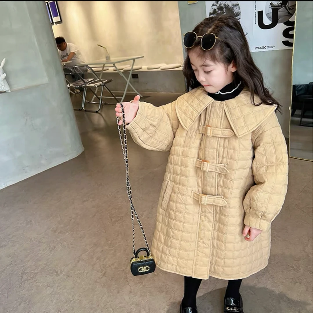 N5080儿童韩版秋冬通用萌娃穿搭带风衣扣娃娃领长款棉服XPH077