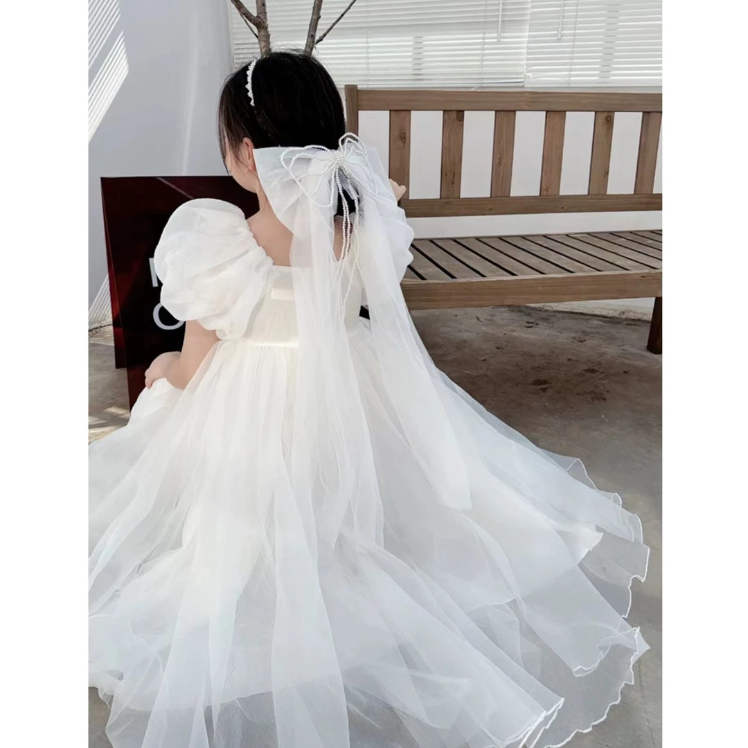 N3811夏儿童女童洋气出游穿搭 复古水晶珠领泡泡袖网纱连衣裙2410