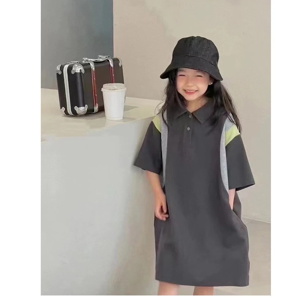 N3835春夏儿童女童 洋气出游穿搭韩系休闲撞色POLO领连衣裙XH2005