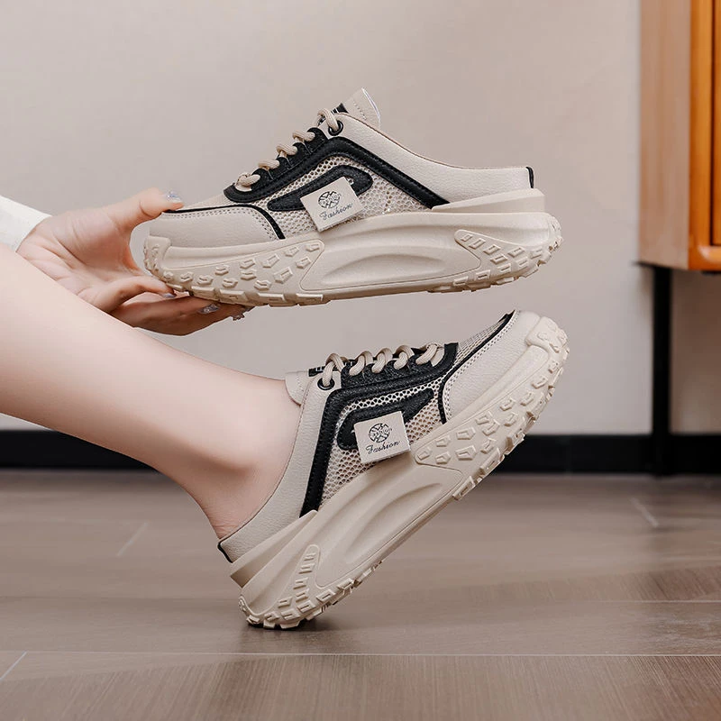 厚底半拖网面老爹鞋女2025新夏季无后跟运动休闲鞋百搭透气网布鞋