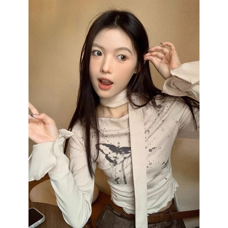 甜美辣妹风针织长袖T恤女春季修身显瘦一字肩打底体恤露肩上衣ins