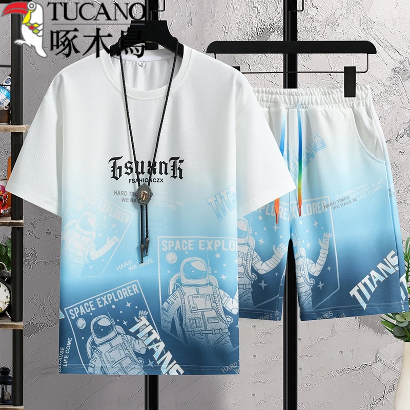 啄木鸟/夏季短袖套装宽松男装青少年潮流时尚T恤+短裤2两件套