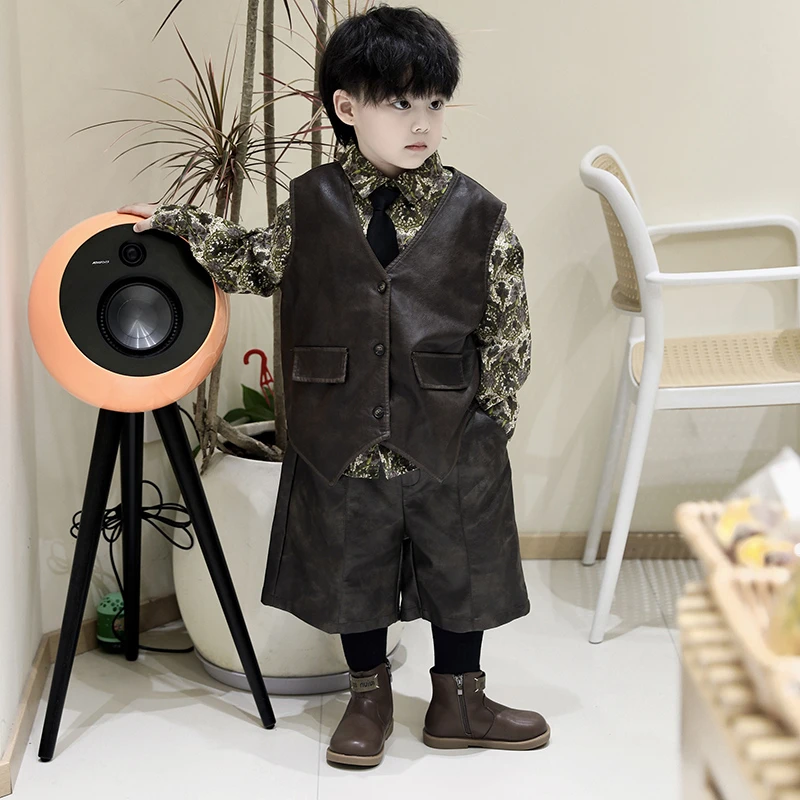 【现货】SUPER JIMMY 神秘雅丹 秋季儿童花衬衫咖色皮马甲皮裤套装