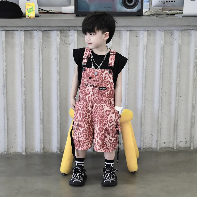 【现货】Jimmy妈童装 夏季儿童新款无袖粉色豹纹背带裤宽松休闲裤