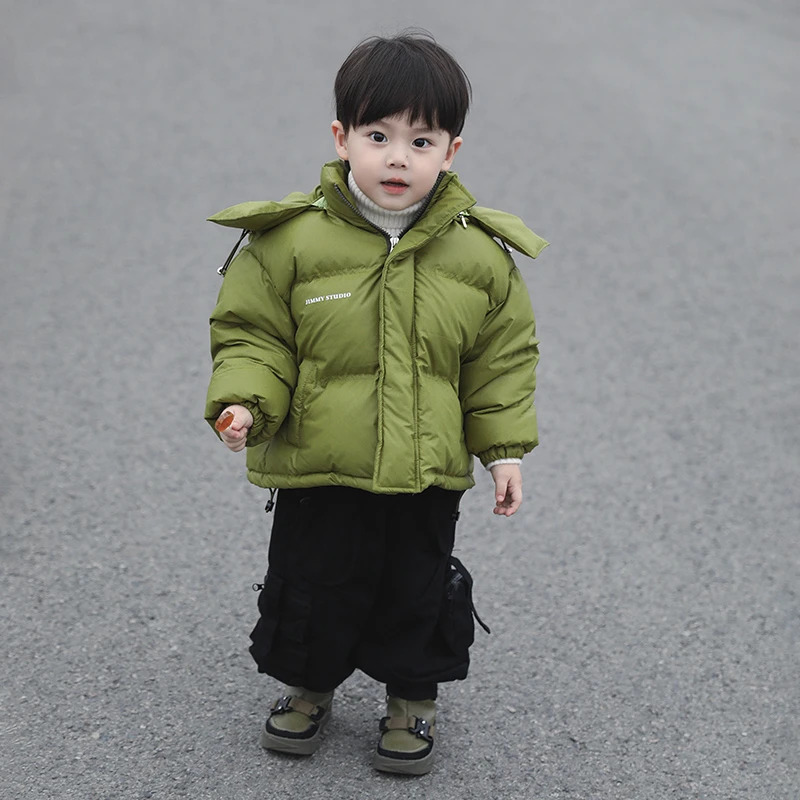 【现货】SUPER JIMMY果绿色羽绒服男童帽子可卸立领短款上衣外套
