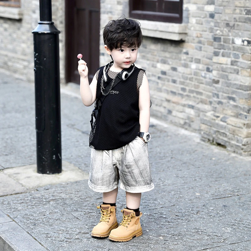 【现货】SUPER JIMMY 儿童夏季新款个性网格背心+割破百搭背心男童
