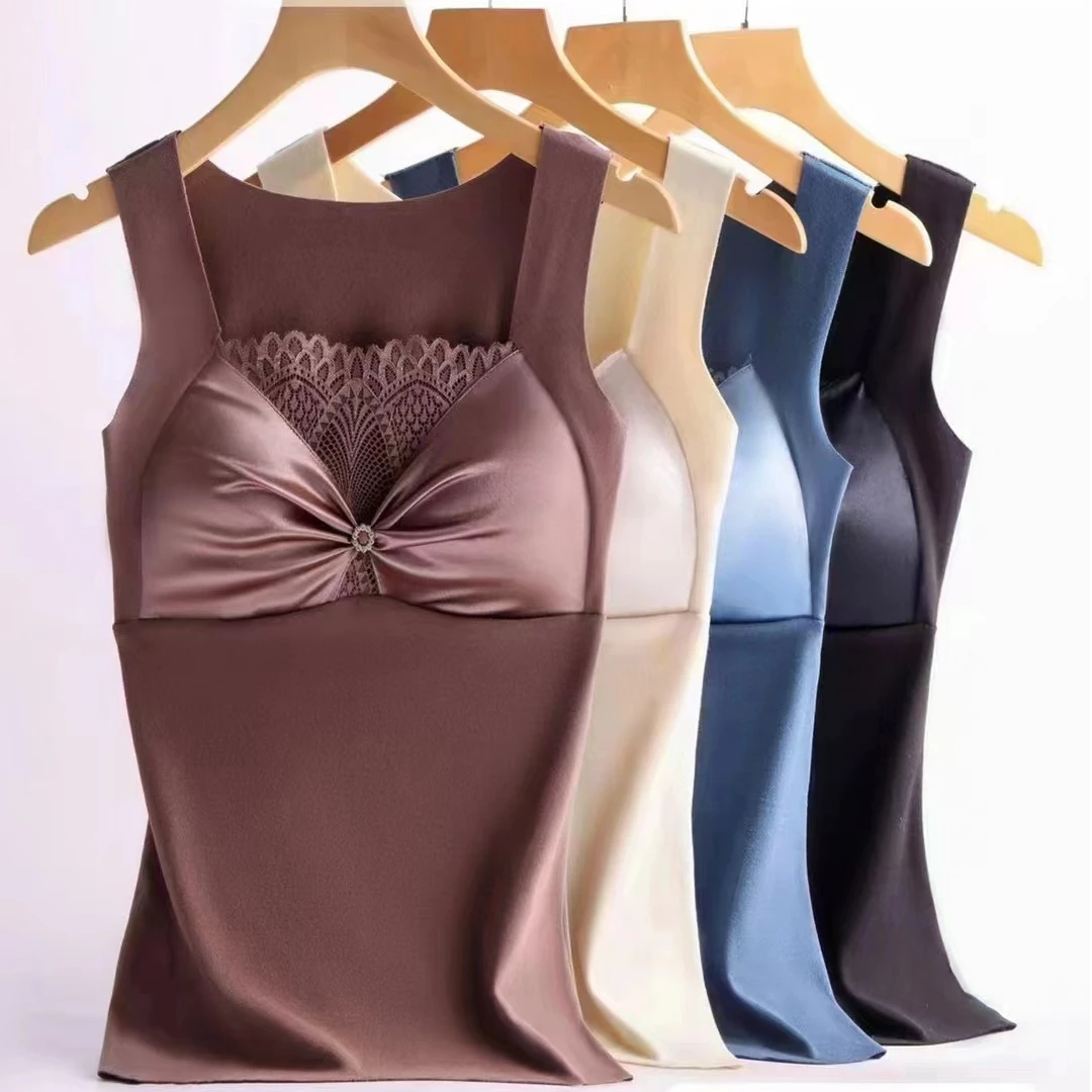 秋冬双面磨毛蕾丝德绒保暖背心女固定一体杯修身打底衣