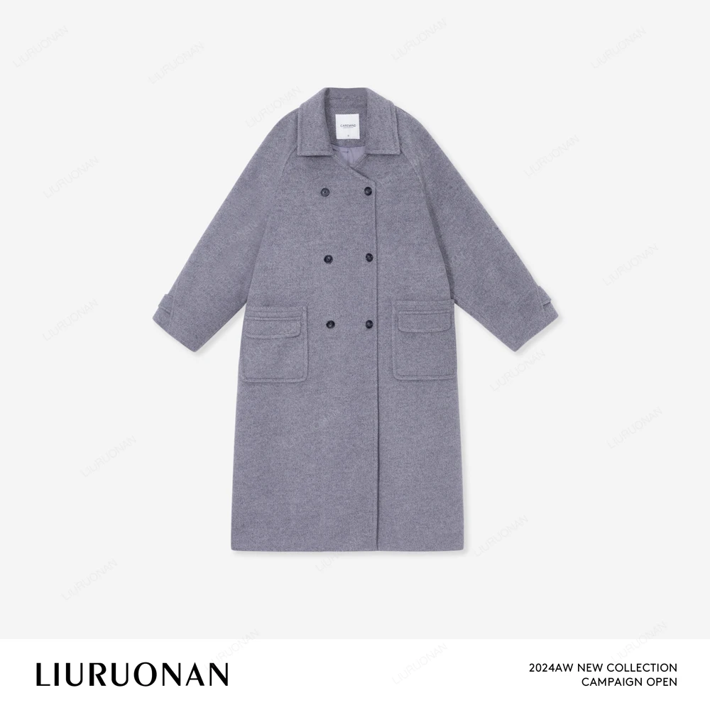 LIURUONAN 24AW 【翻领灰色大衣】插肩袖翻领灰色中长款毛呢外套女
