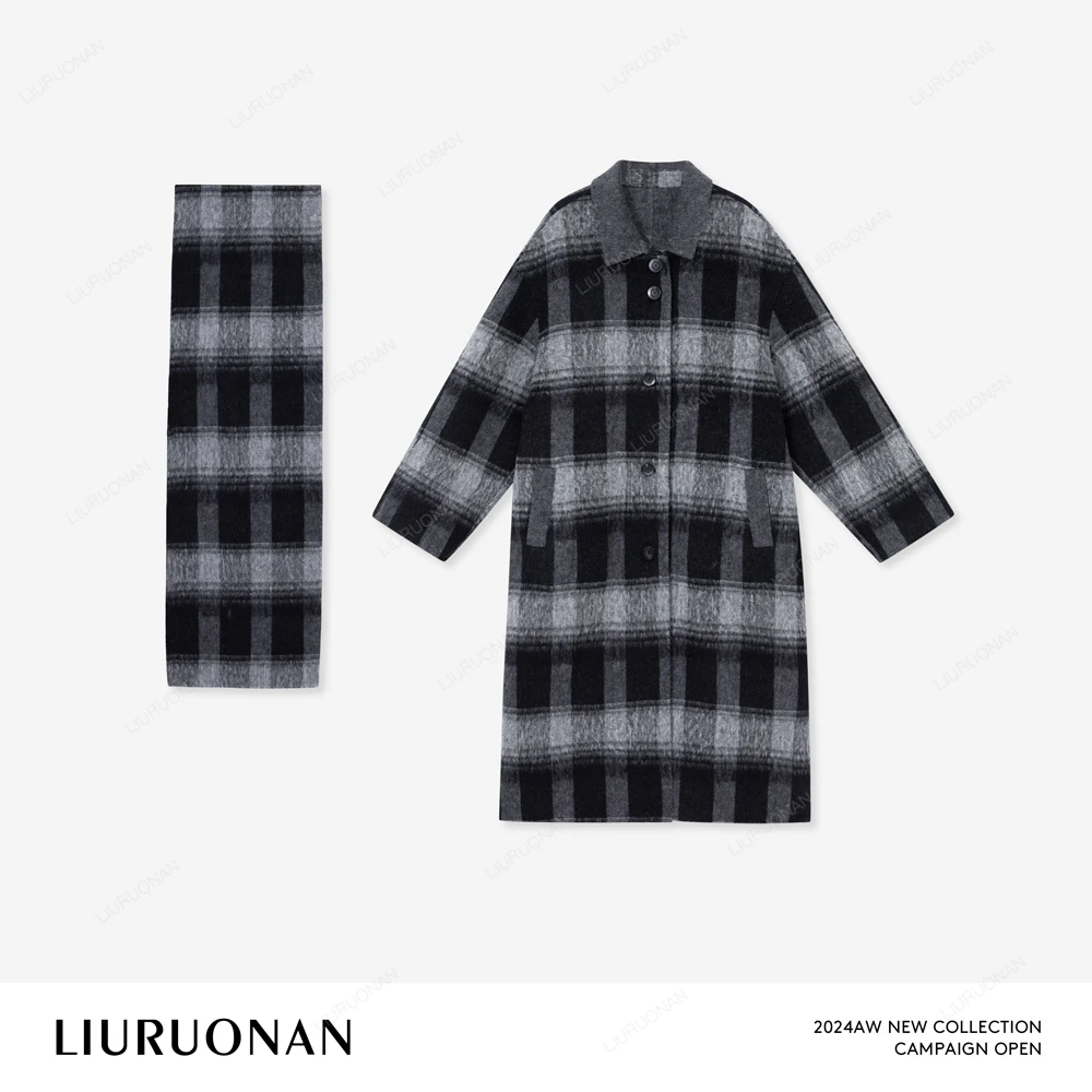 LIURUONAN 24AW 【格林格纹大衣】黑灰格子设计感过膝毛呢外套大衣