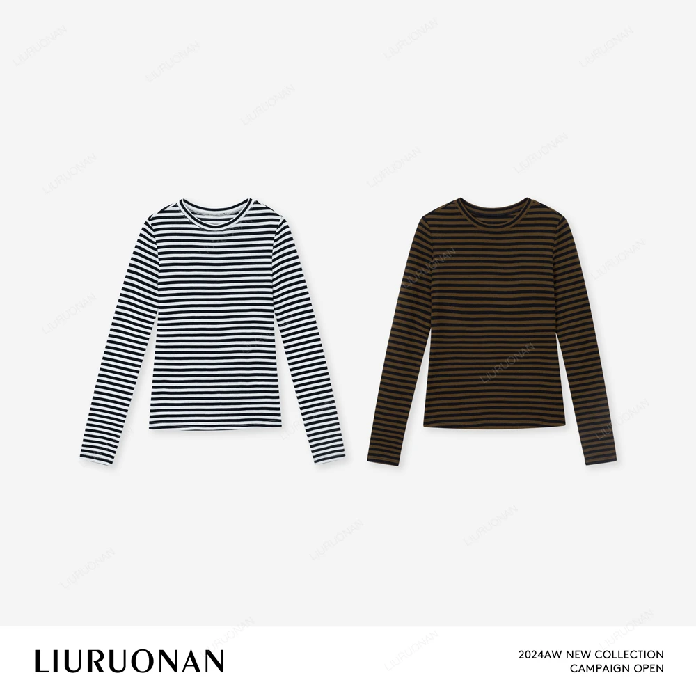 LIURUONAN 24AW【黑标系列/美丽诺羊毛打底】撞色横条纹长袖圆领T恤