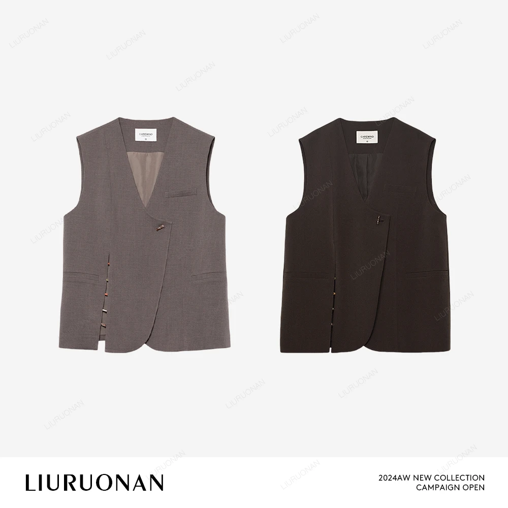 LIURUONAN 24AW 乌木棕西装马甲下摆串珠装饰叠穿坎肩西服背心