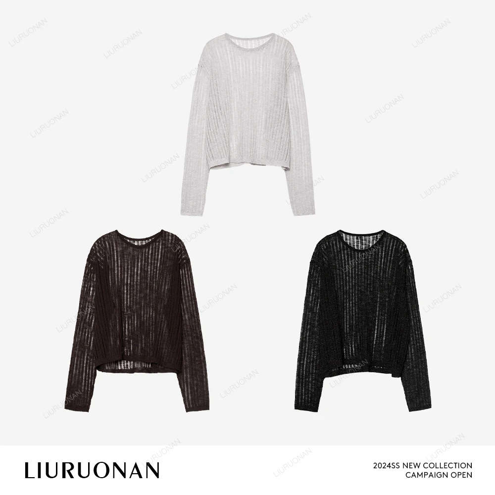 LIURUONAN 24SS 浅色圆领夏季薄款针织罩衫女装长袖套头百搭上衣