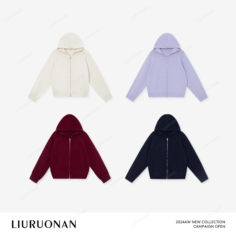 LIURUONAN 24AW 100%羊毛连帽针织衫女长袖单穿双开拉链毛衣外套