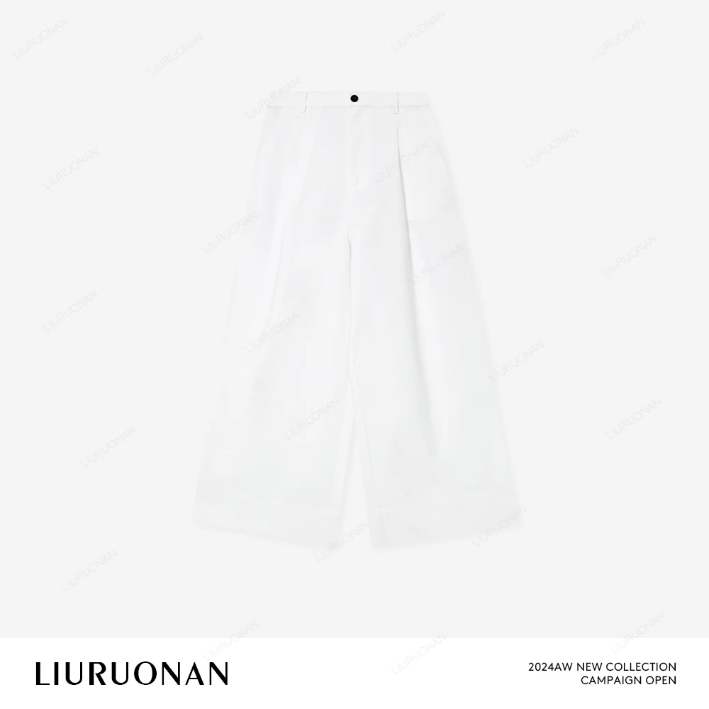 LIURUONAN 24AW 纯白色直筒裤女后大口袋装饰宽松遮胯显瘦长裤