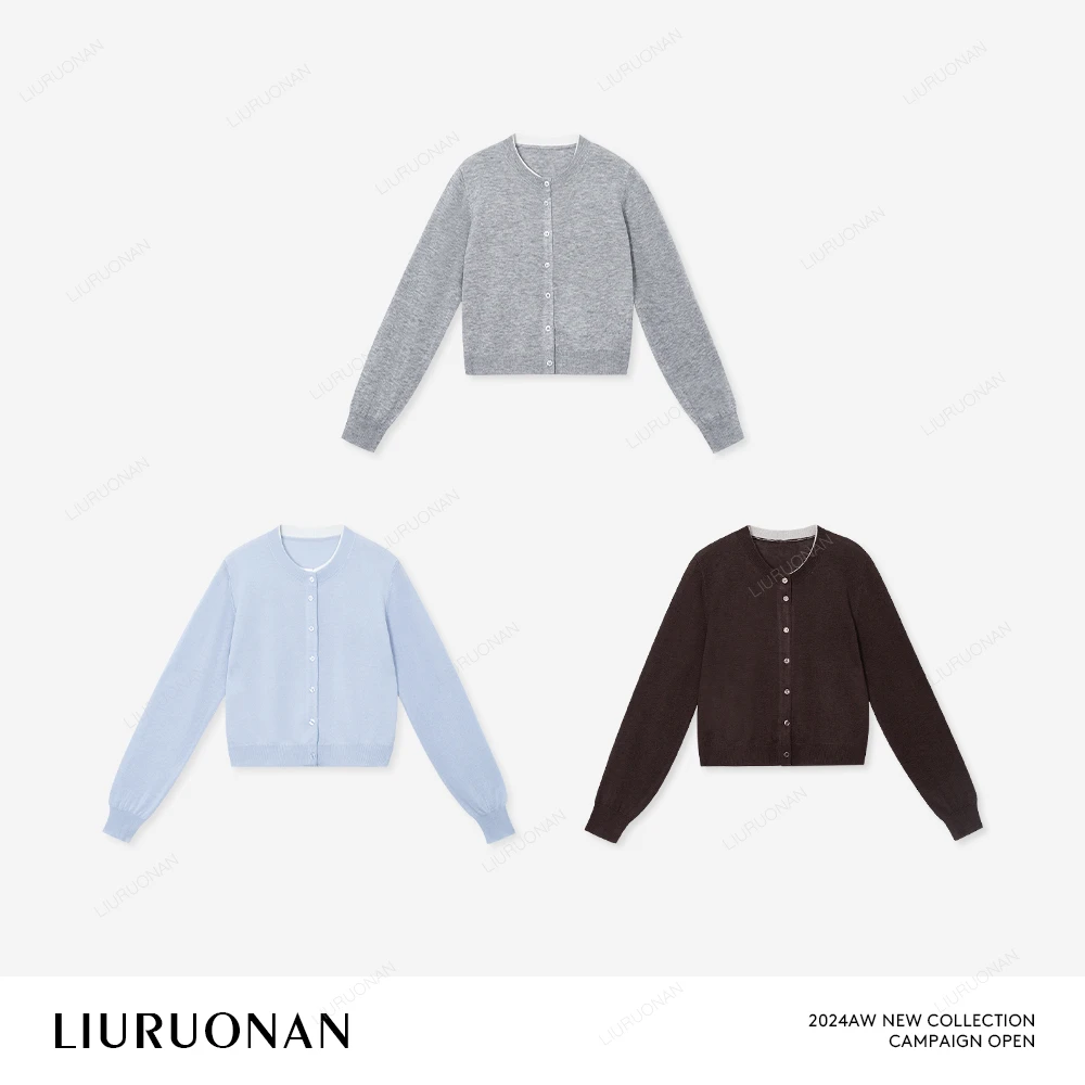 LIURUONAN 24AW 前身真两件设计针织衫女圆领绵羊毛长袖打底上衣