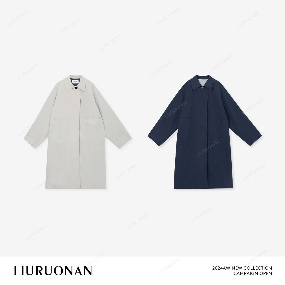 LIURUONAN 24AW 设计师翻领气质风衣女纯色宽松秋冬中长款外套