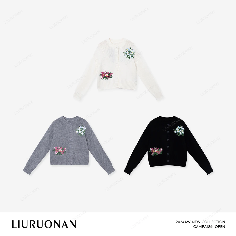 LIURUONAN 24AW【哈利的花毛衣】圆领重工刺绣毛针织衫短款开衫上衣