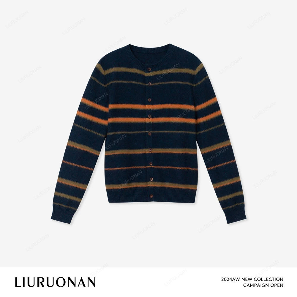 LIURUONAN 24AW 单排扣开衫设计感撞色长袖毛针织衫冬季新款女