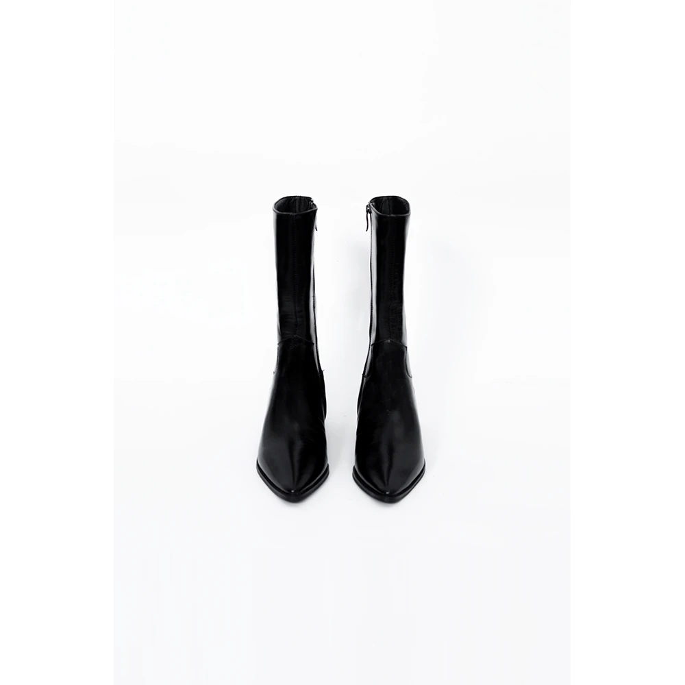 LIURUONAN 24AW 黑色漆皮软猪皮尖头高帮鞋秋冬高跟中筒靴子女