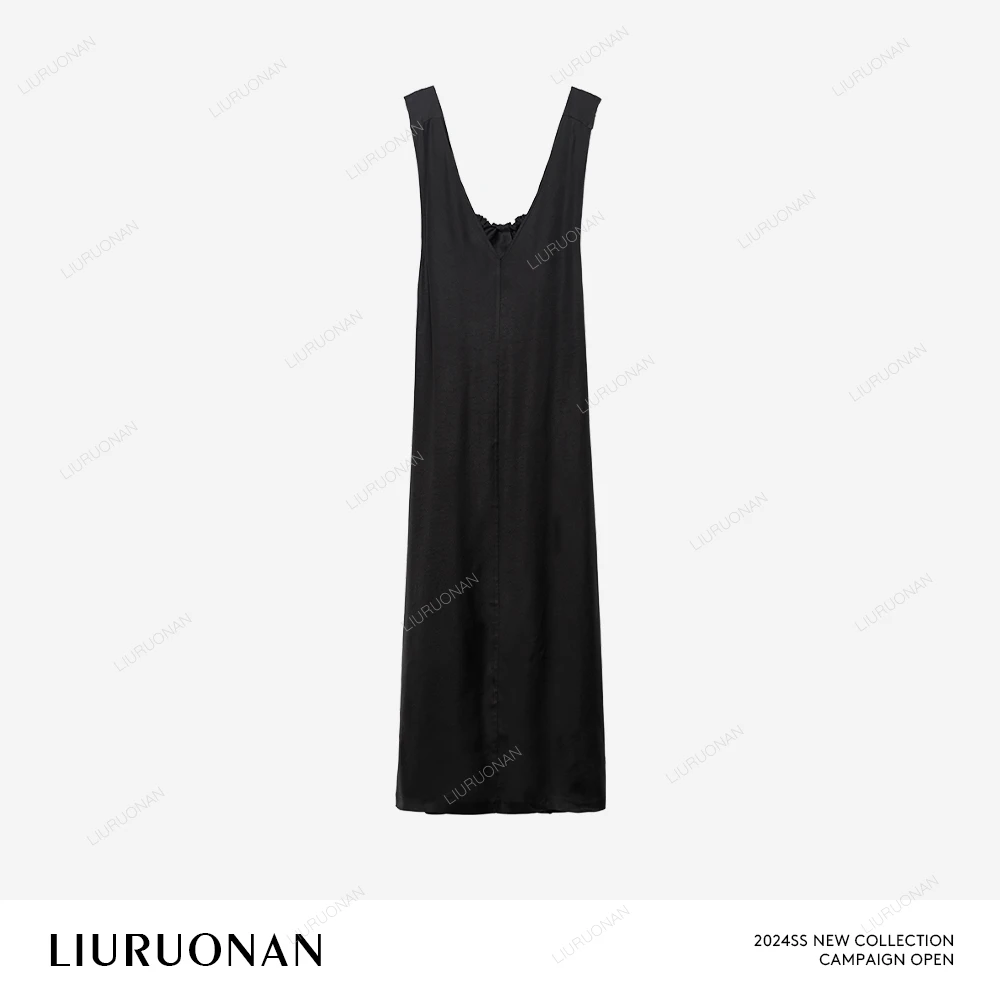 LIURUONAN 24SS 黑色V领显瘦连衣裙设计感露背无袖中长款叠穿裙子