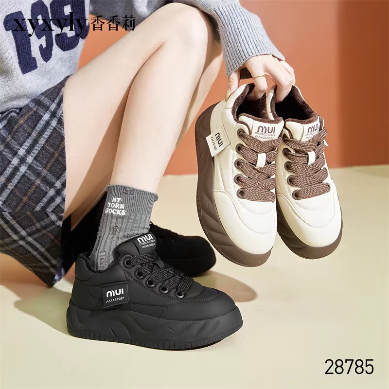 2024冬季加绒女鞋厚底系带学生鞋面包鞋女休闲棉鞋XM28785