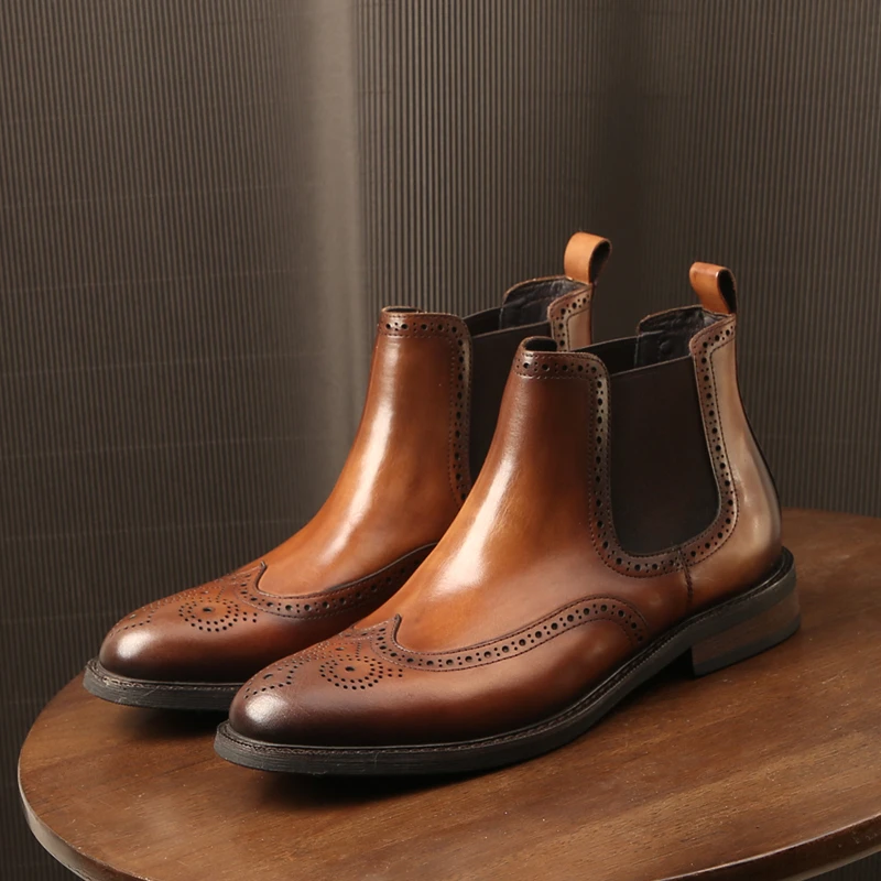 TRD复古圆头切尔西靴男潮真皮褶皱手工做旧布洛克男靴厚底马丁靴