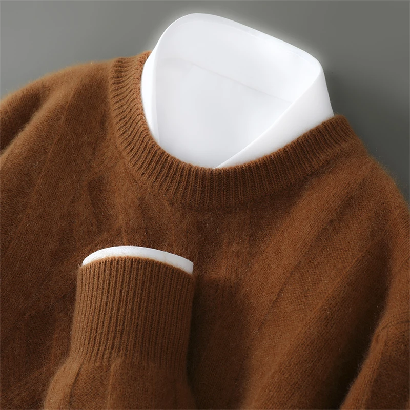 【支持质检】100%纯羊毛秋冬七针加厚男圆领套头羊毛衫宽松内搭毛衣