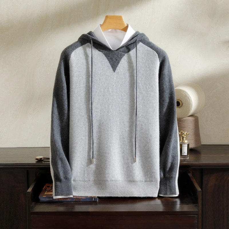 【100%纯山羊绒】560克左右12针加厚提花男连帽套头拼色轻奢羊绒衫