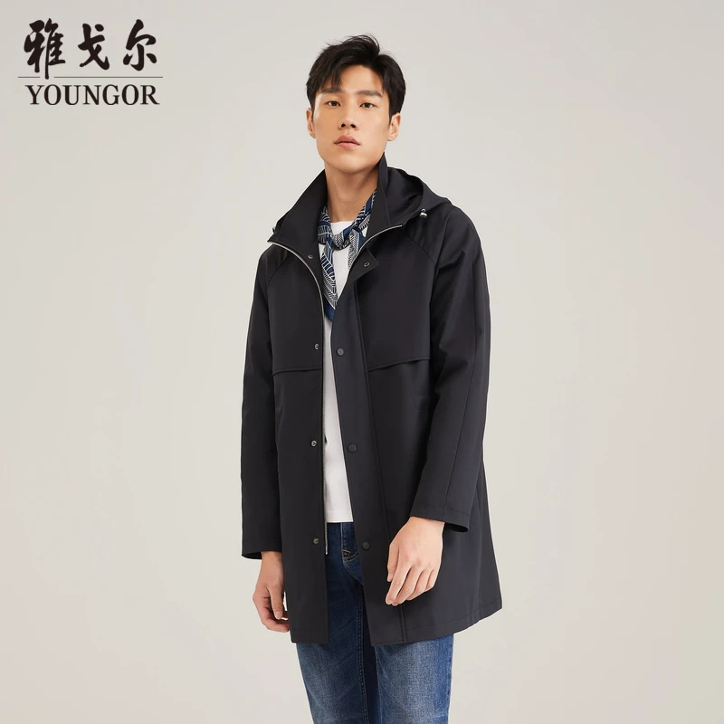 雅戈尔秋季男士商务休闲中长款连帽帅气风衣潮流品质外套435188