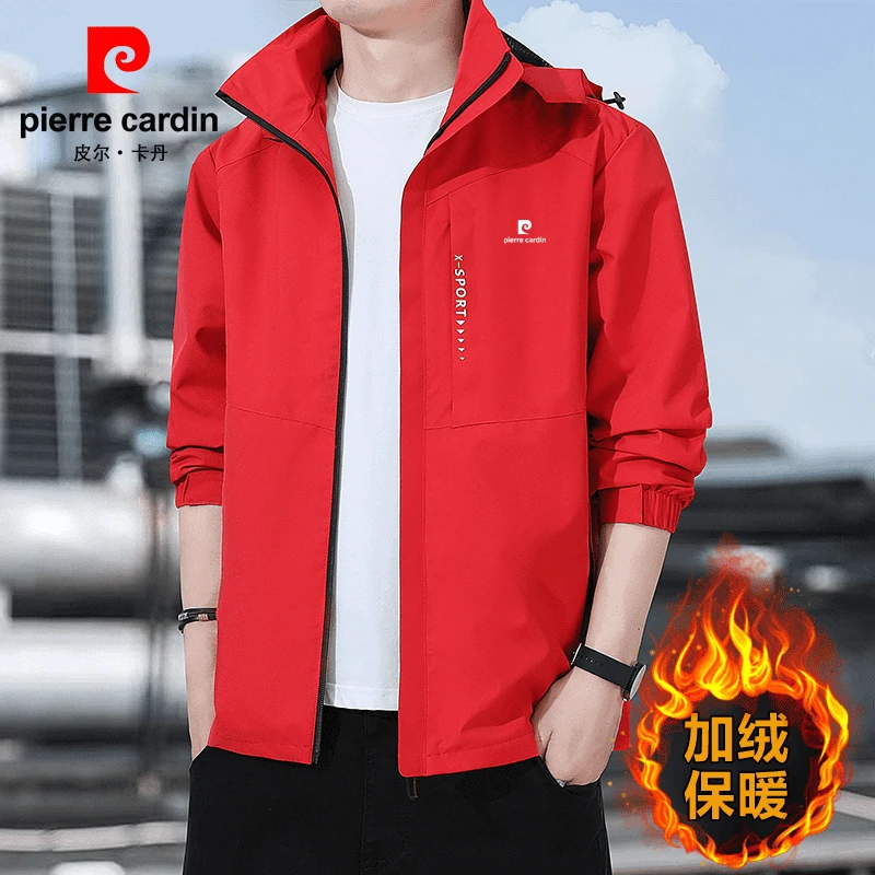 皮尔卡丹冲锋衣男装春秋季薄款大码户外秋冬加绒运动休闲夹克外套