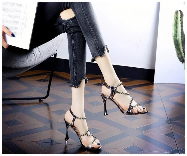 水钻高跟鞋女细跟夏季新款韩版百搭仙女风气质一字带带钻凉鞋露趾