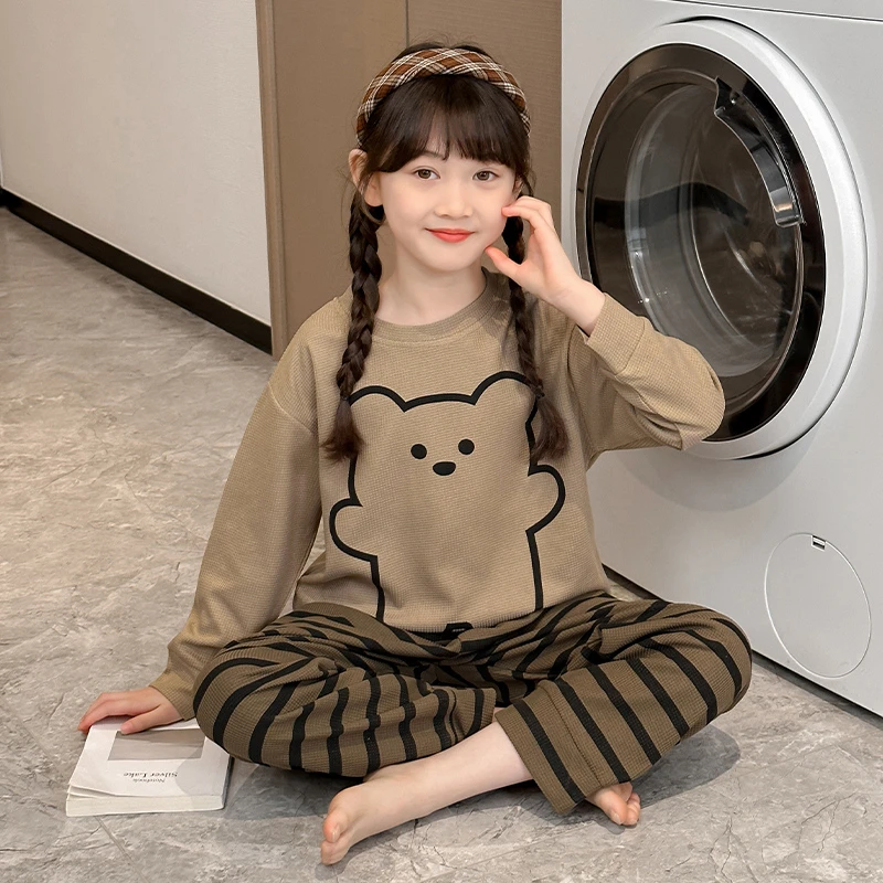 女童圆领长袖华夫格睡衣女孩春秋季2024新款可外穿套装韩版家居服