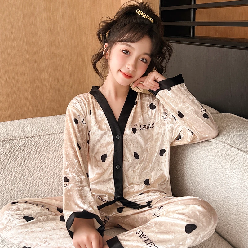 女童睡衣套装2024秋冬新款儿童保暖金丝绒公主风甜美家居服两件套