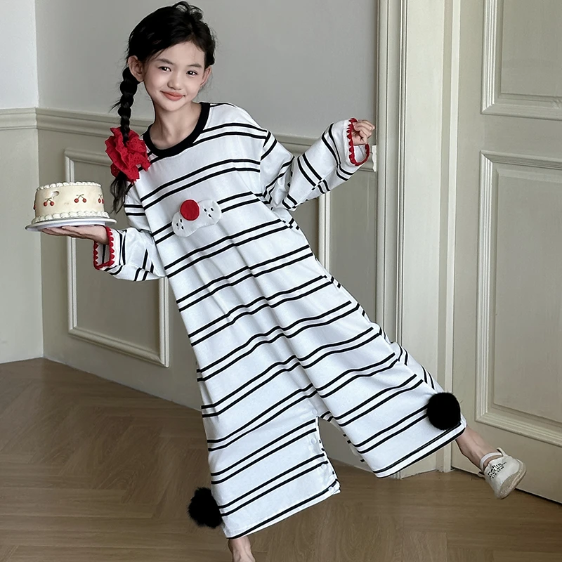 秋季新款儿童连体睡衣大童卡通纯棉长袖睡裙6-12岁女孩条纹家居服